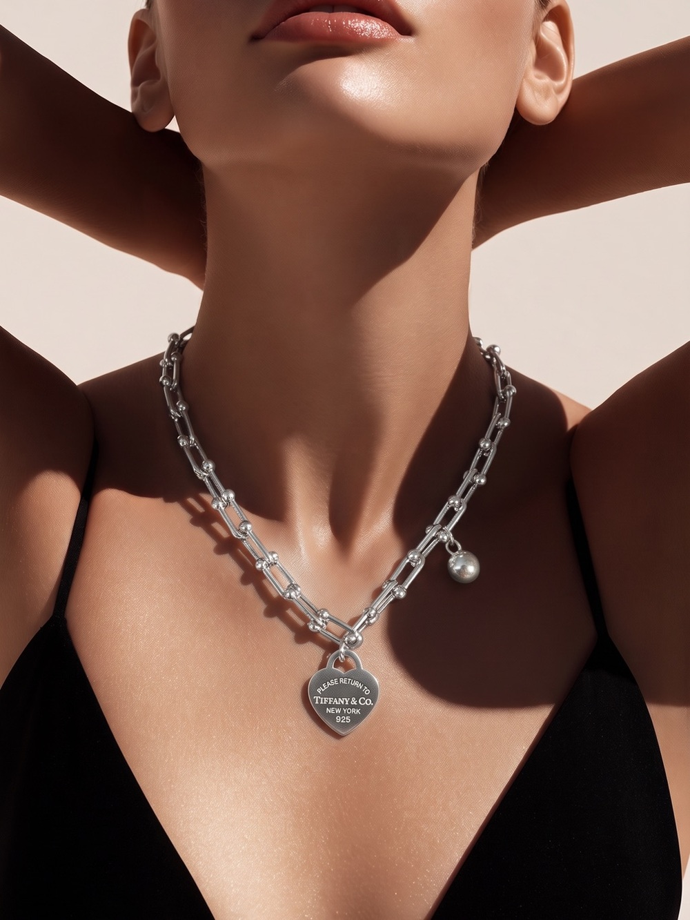Fashion Jewelry Silver Link Necklace with Heart Tag and Pearl Charm